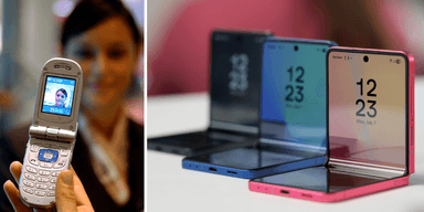 Till vänster: En värdinna använder en vikbar Samsung-telefon under telekommässan ITU Telecom World i Genève 2003. Till höger: Samsung visar upp sin nya Galaxy Z Flip 7 vid ett förhandsevent i New York i juli 2025.
