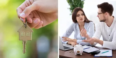 Nyckel med hus-symbol och par som diskuterar bolånekostnader.