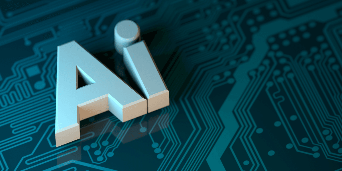 3D-bild med texten "AI" på ett kretskort.