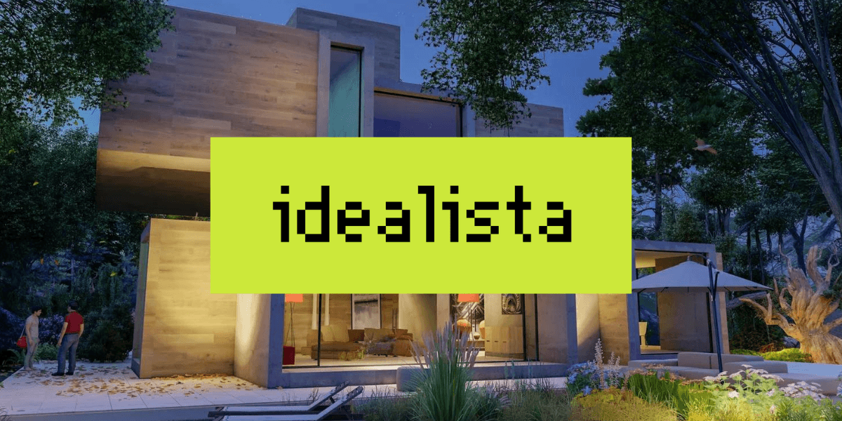 Idealistas logotyp över en bild på ett hus.