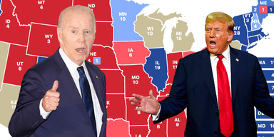 Trump och Biden över en USA-karta.