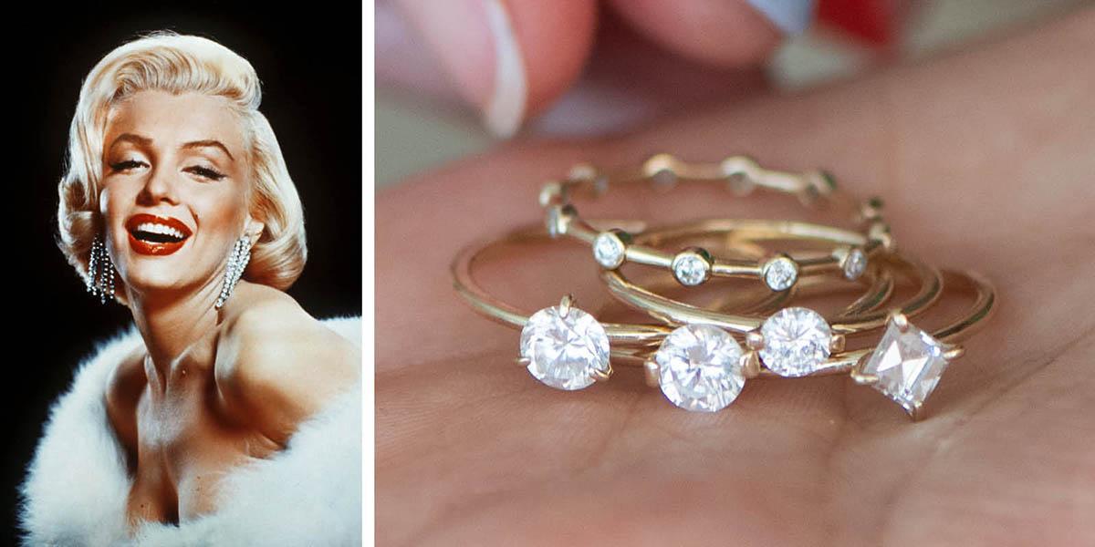 En bild på Marilyn Monroe och en bild på diamantringar.
