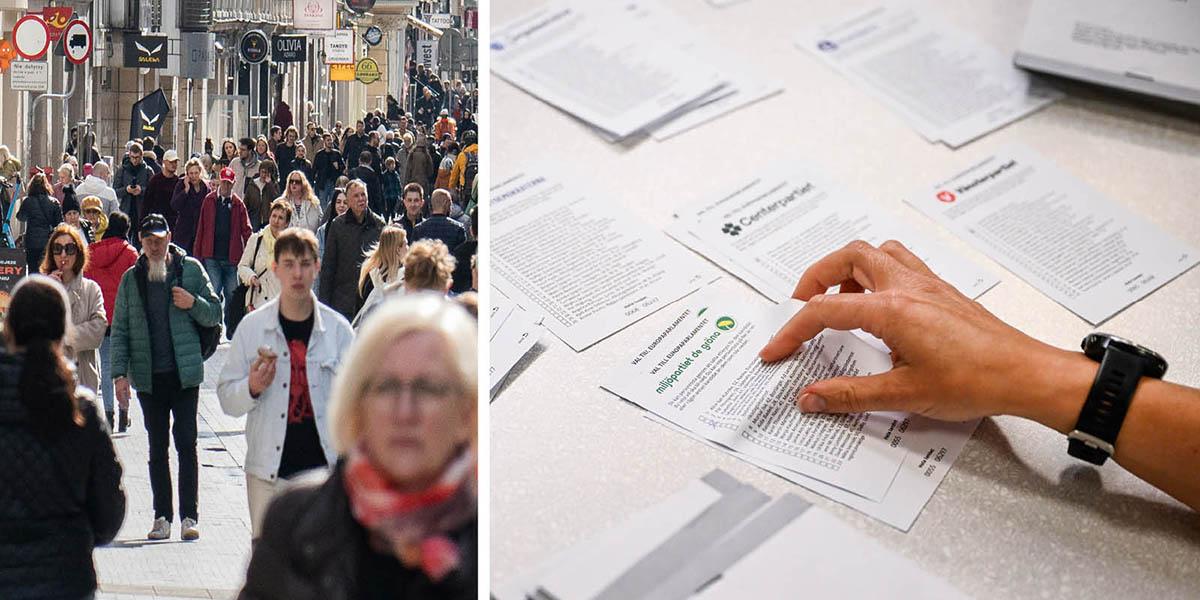 En bild på människor som går på en gata i Polen och en annan bild som visar rösträkning vid EU-valet.