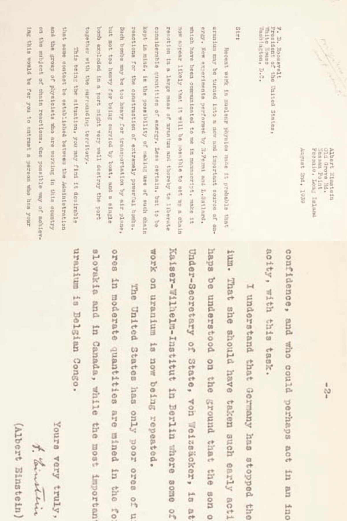Albert Einsteins brev till den amerikanska presidenten Franklin D. Roosevelt.