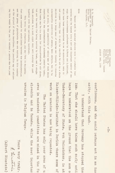 Albert Einsteins brev till den amerikanska presidenten Franklin D. Roosevelt.