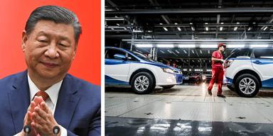 En porträttbild av Kinas president Xi Jinping och en annan bild inifrån den kinesiska elbilstillverkaren Build Your Dream (BYD):s fabrik.