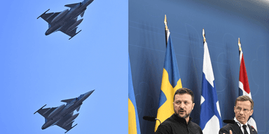 Ukrainas president Volodymyr Zelenskyj och Sveriges statsminister Ulf Kristersson. Zelenskyj har länge velat köpa Gripen stridsflyg av Sverige.