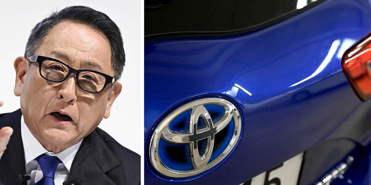 En porträttbild på biltillverkaren Toyotas ordförande Akio Toyoda och en bild på emblemet på en Toyotabil.