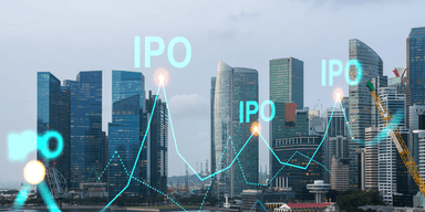Grafer med texten IPO över en bild på skyskrapor.