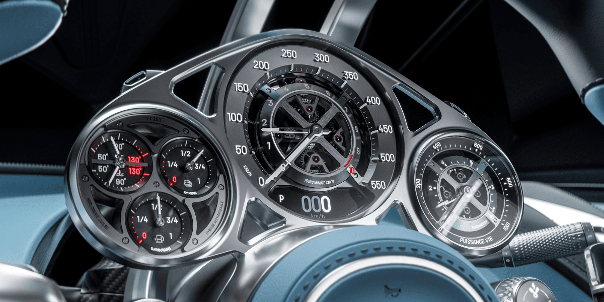 Instrumentpanelen är skapad av schweiziska klockmakare och består av över 600 delar. Vansinnigt fint. (Foto: Bugatti)