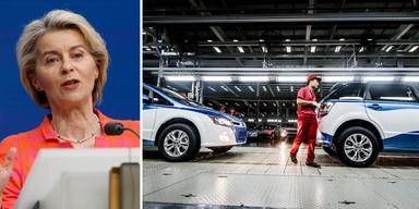 En bild på EU:s ordförande Ursula von der Leyen och en bild från en kinesisk bilfabrik.