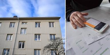 Bild på hyreshus på Hisingen i Göteborg och bild på person som betalar fakturor.