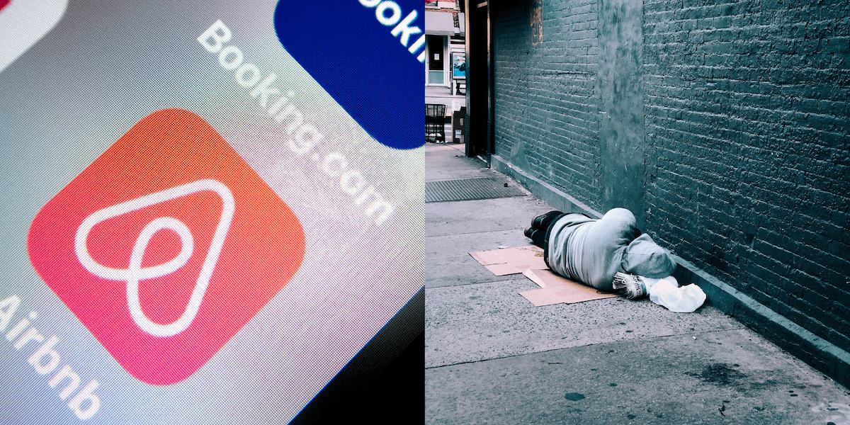 Bild på appen Airbnb och en hemlös man som sover på gatan. Hemlösheten ökar i Spanien.