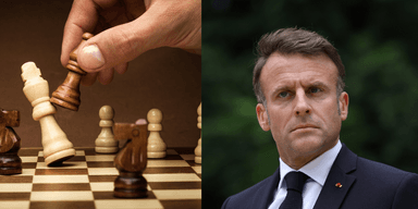 En hand som flyttar en schackpjäs och ett porträtt av Emmanuel Macron.