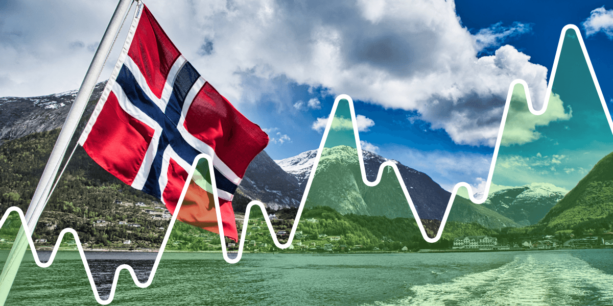 Norsk flagga i fjord bakom uppåtgående graf.