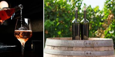 En bild på vin som hälls upp i ett glas och en bild på två vinflaskor som står på en vintunna.