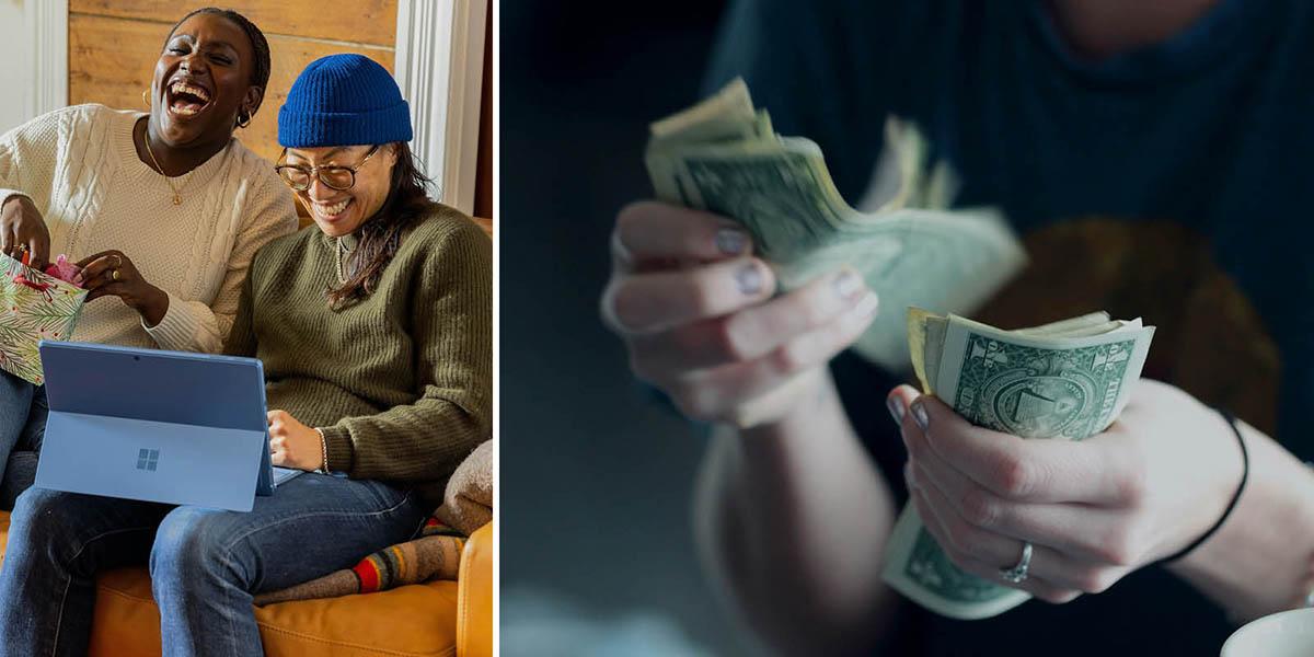 En bild på en man och en kvinna som ser väldigt glada ut och en närbild på händer som räknar amerikanska dollar.