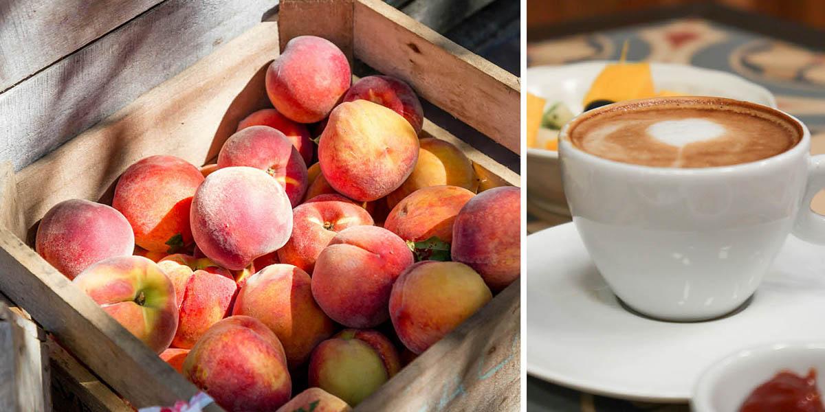 En bild på persikor som ligger i en trälåda och en bild på en kopp kaffe.