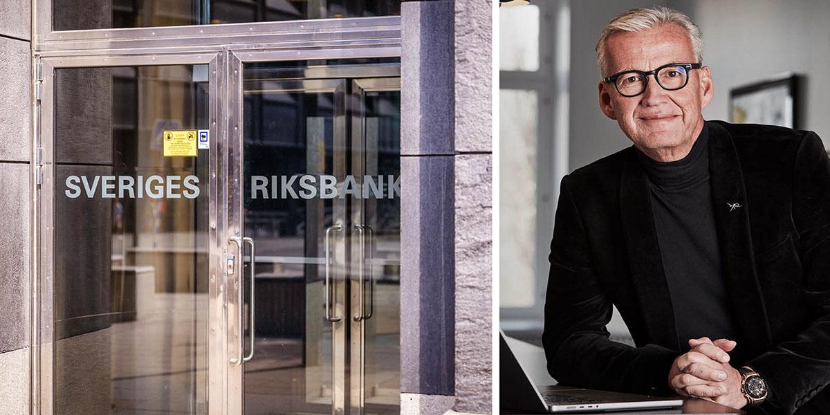 En bild på entrén till Riksbanken och en porträttbild på Hans Wallenstam.