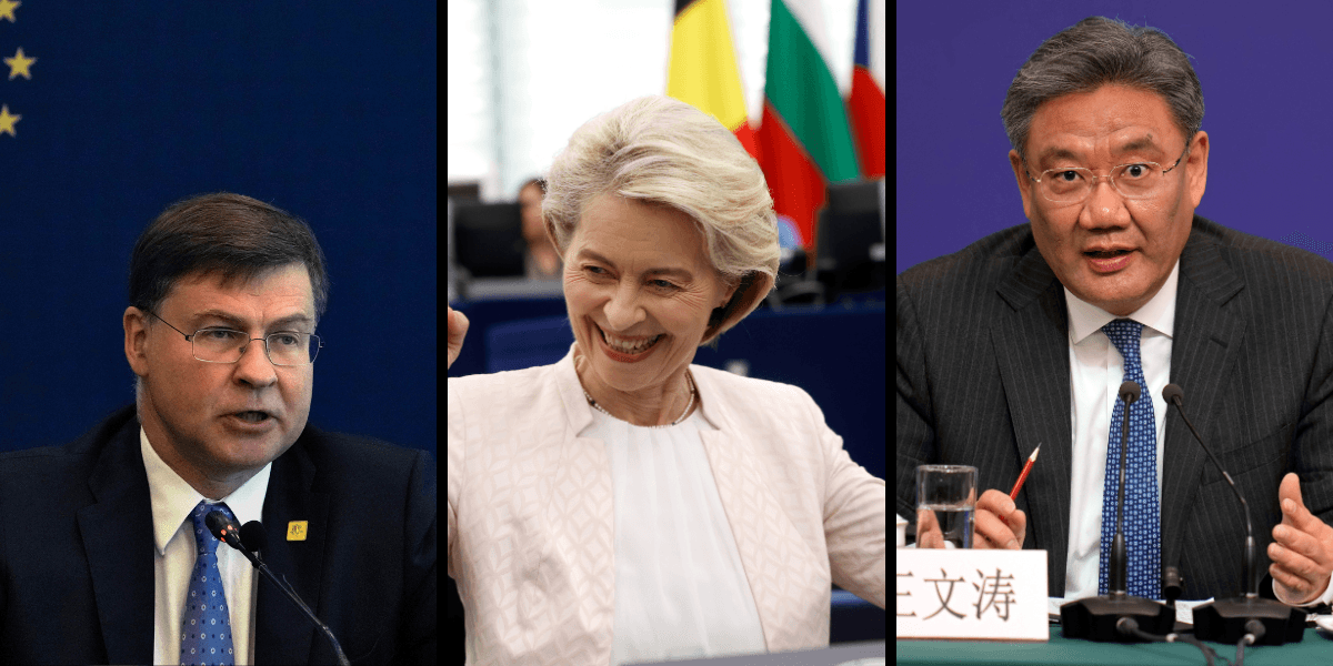 Valdis Dombrovskis, Ursula von der Leyen och Wang Wentao är några som kommer mötas för att prata om EU:s tullar mot Kina. (Foto: Jean-Francois Badias, Ng Han Guan och Andy Wong/TT)