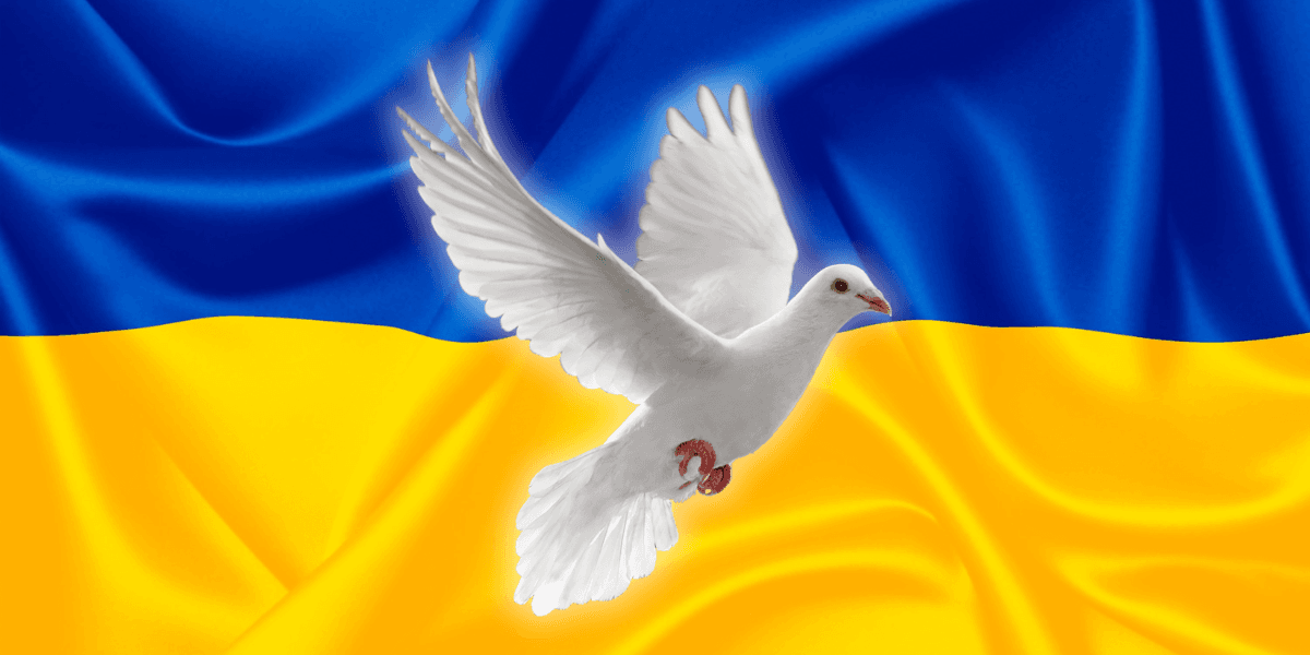 Fredsduva flyger över Ukrainas flagga