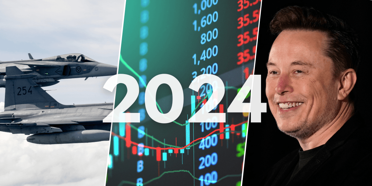 Gripenplan, börstavla och bild på Elon Musk bakom texten 2024