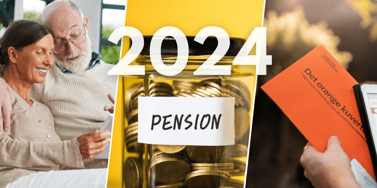 Kollage med en bild föreställande två äldre personer, en burk med pengar markerad med texten "pension" och ett orange kuvert.