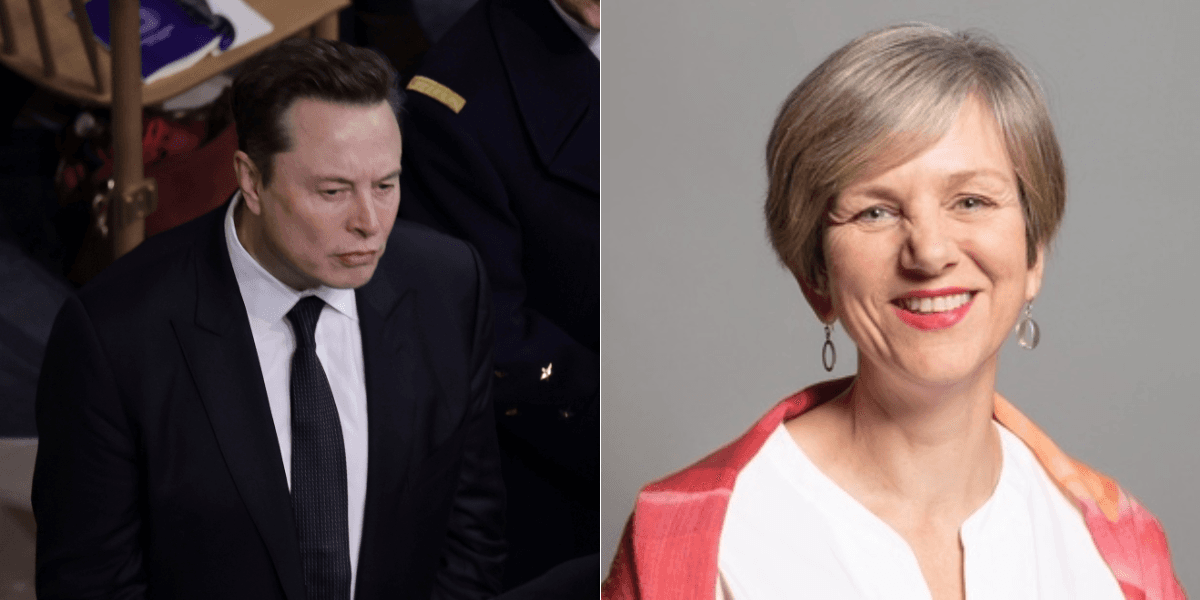 Elon Musk försöker övertala Lilian Greenwood så han får sälja fler bilar i England. (Foto: Christophe Petit-Tesson/TT samt Gov.uk)