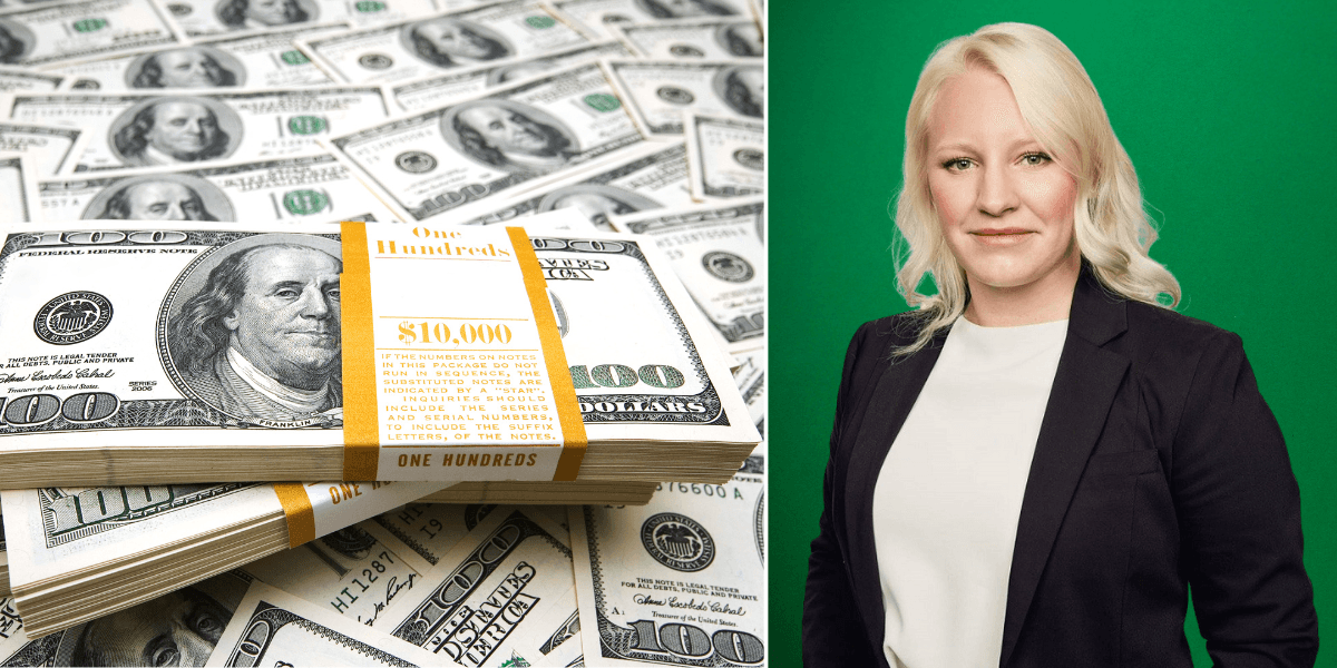 Dollarsedlar och SEB:s valutastrateg Amanda Sundström framför en grön bakgrund.