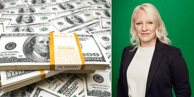 Dollarsedlar och SEB:s valutastrateg Amanda Sundström framför en grön bakgrund.