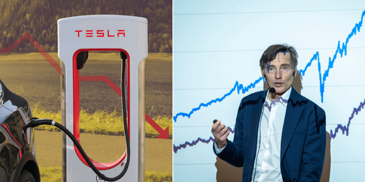 Kollage föreställande en bild med en Tesla laddstation med nedåtgående graf i bakgrunden och en bild föreställande Robert Næss.