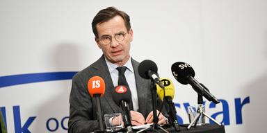 Statsminister Ulf Kristersson (M) vid en pressträff på Folk och försvars rikskonferens i Sälen.