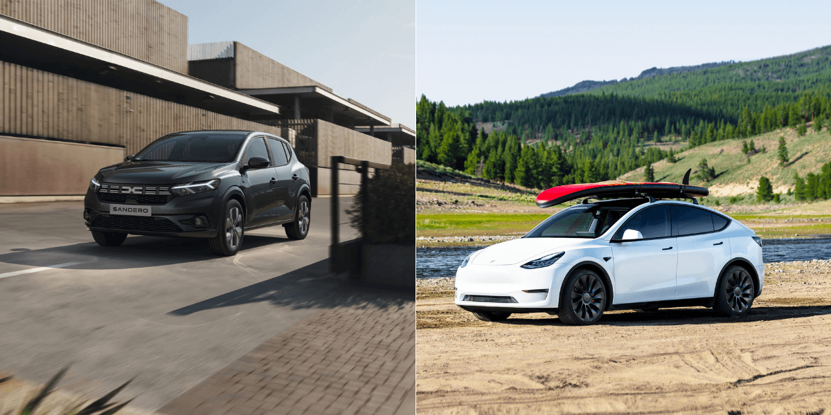 Tesla ligger inte i toppen längre, Dacia har tagit över. (Foto: Dacia och Tesla)