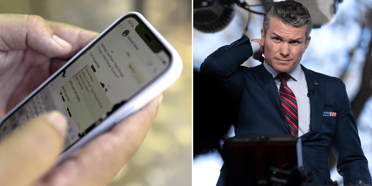 USA:s försvarsminister Pete Hegseth får stå till svars för att ha läckt känsliga uppgifter till obehöriga – genom en gruppchat i Signal. (Bild: Canva / TT)